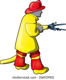 Vector image of a firefighter using a hose to put out the fire.