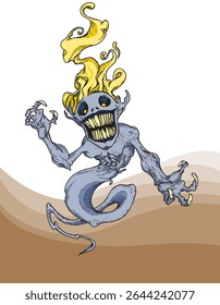 Imagem vetorial de um gênio com cabeça de fogo flutuando no deserto, adequado para complementar projetos sobre histórias espirituais ou como um projeto para decorar uma camiseta.