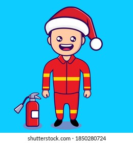 Vector image of fireman with santa claus christmas hat