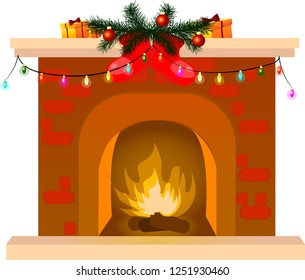 
vector image of a fireplace with a fire burning in it, new year decor, isolated image

