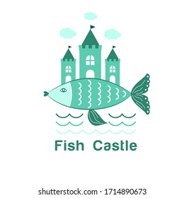 Imagen vectorial de un pez en tonos azul-verde, nadando en las olas con un candado en la parte trasera sobre un fondo blanco. Símbolo de magia, cuento de hadas, tierra de maravillas. Logo de un club infantil, zona de juegos, desarrollo.