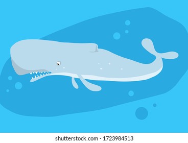 Vector image of fish cachalot on blue background with silhouette of waves and algae. Gift card for collecting for children.