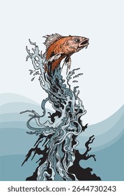 Vector image of a fish gliding flying into the air from the surface of the sea, suitable for water or sea world illustrations, posters or t-shirt decorations.