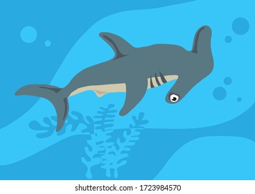 Vector image of fish hammer on blue background with silhouette of waves and algae. Gift card for collecting for children.