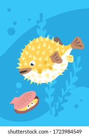 Vector image of fish hedgehog on blue background with silhouette of waves and algae. Gift card for collecting for children.