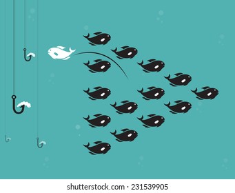 Vector image of fish and hook and bait. Survive concept.