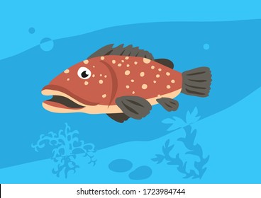 Vector image of fish merou on blue background with silhouette of waves and algae. Gift card for collecting for children.