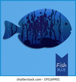 Vector image of fish on a blue seascape striped background with inscription and shadow