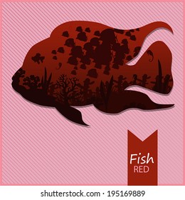 Vector image of the fish with sea view on red striped background with inscription and shadow