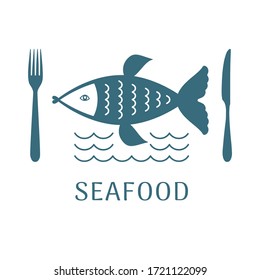 Vector image of a fish swimming on the sea waves. Nearby are cutlery fork and knife. Logo template, icon, pictogram of a fish restaurant, menu, company, fresh seafood store.