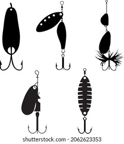 Vector image of fishing tackle, spoons silhouettes