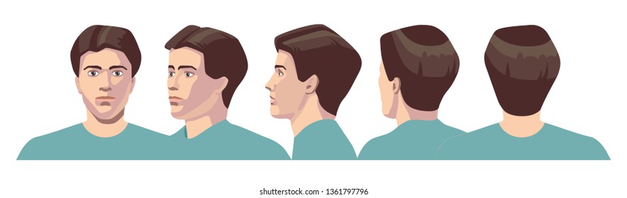 vector image of five angles and turns of a male head with hair, frontal feed, profile, three-quarter turn of the face in 

five turns