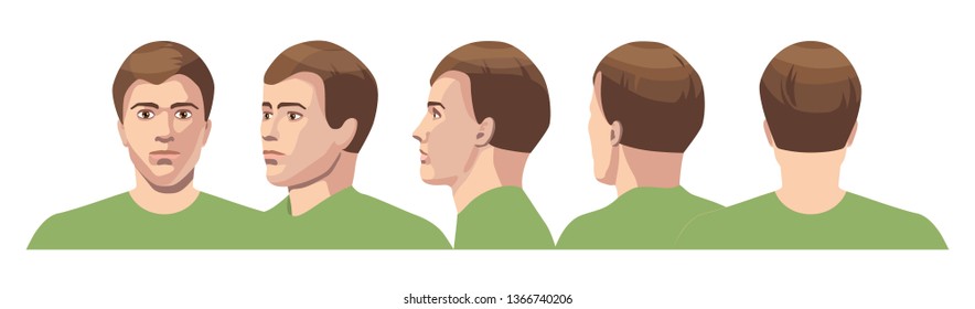 vector image of five angles and turns of a male head with hair, frontal feed, profile, three-quarter turn of the face in five turns