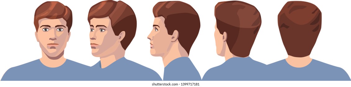 vector image of five angles and turns of a male head with hair, frontal feed, profile, three-quarter turn of the face in five turns
