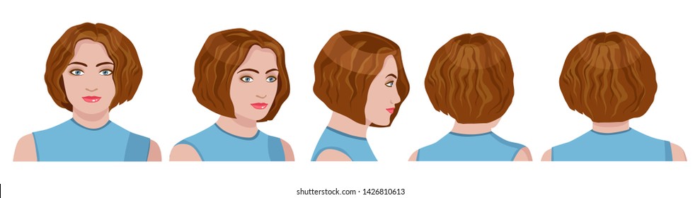 vector image of five angles and turns of a female head with hair, frontal feed, profile, three-quarter turn of the face in five turns
