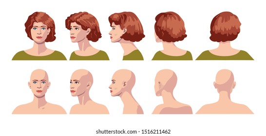 vector image of five angles and turns of a female head with curly hair and bald, frontal feed, profile, three-quarter turn of the face in five turns