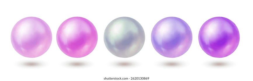 Imagem vetorial de cinco pérolas brilhantes em tons rosa, roxo e iridescente com sombras suaves em branco, ideal para projetos de design de luxo, moda ou cosmético.