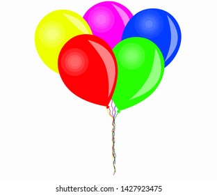 Vector image of five multicolored festive balloons on long strings tied together