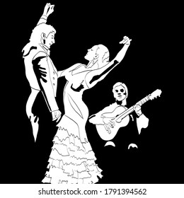 Vector image of a flamenco dance a man and a woman are dancing incendiary temperamentally flamenco dance next to a guitarist