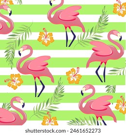 vector image of a flamingo, with tropical green leaves on a transparent background PNG