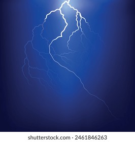 Vector image of the flash of lightning on the dark blue sky background at night.	Illustration of the thunderstorm.