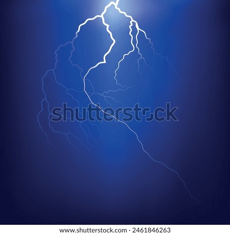 Vector image of the flash of lightning on the dark blue sky background at night.	Illustration of the thunderstorm.