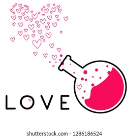 Vector image of a flask with a pink solution inside. Love potion in the flask. Bubbles in the form of hearts. Vector illustration for print, poster.