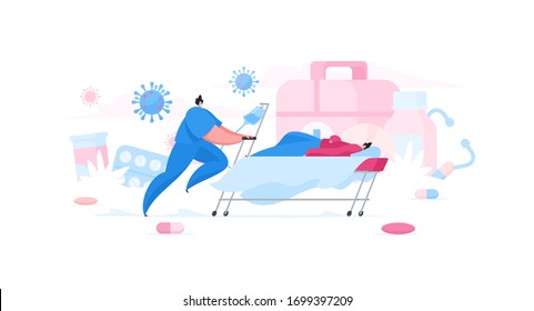 Vector image of flat cartoon character male doctor running with ambulance cart trying to prevent lethal outcome of coronavirus diseased patient in hospital