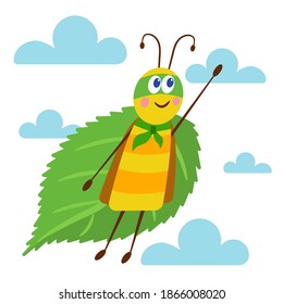 Vector image flat cartoon insect flying in a hero costume symbolizes ecology and eco-friendly position
