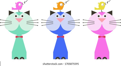 Vector image in flat cartoon style, cat and bird in different colors