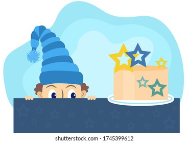 Vector image in flat cartoon style - gnome looks at a cake 
