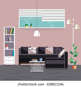 Vector image. Flat design. Modern room inerior. Living room