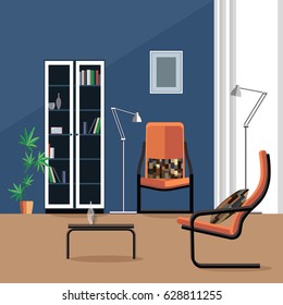 Vector image. Flat design. Modern room inerior. Living room