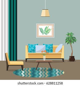 Vector image. Flat design. Modern room inerior. Living room