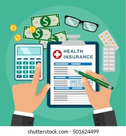 Vector image. Flat design.Clipboard in hand. Man with clipboard. Health insurance. Healthcare concept. Calculation, pricing for medicine costs.