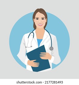 Vector image of a flat female doctor who smiles and holds a medical instrument