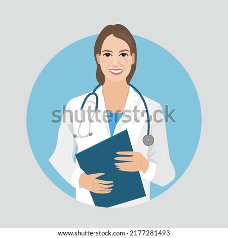 Vector image of a flat female doctor who smiles and holds a medical instrument
