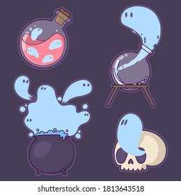 Vector image, flat illustration. Ready-made sticker pack for halloween, stickers with cutting line. Set of icons with ghosts, ghosts in the flask, in the skull and  in the witch's cauldron.