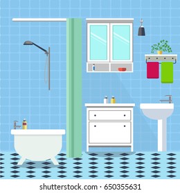 Vector image. Flat Interior design. Bathroom with furniture