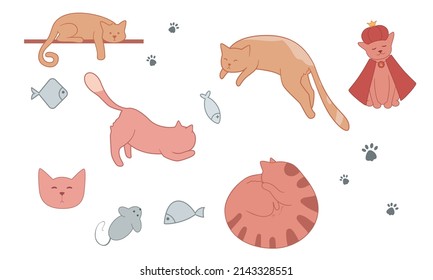 Vector Image Of Flat, Isolated Cats On A White Background. Cats And Kittens Lie, Play, Spin The Ball, Cutely Pull Themselves Up, Hide In A Basket. The Illustration Has Animals, Fish, Cat Paws, Food