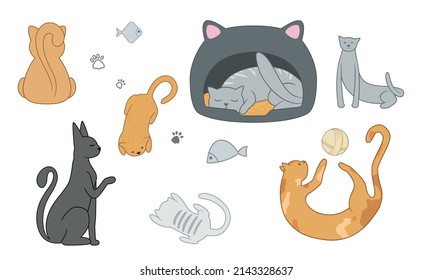 Vector image of flat, isolated cats on a white background. Cats and kittens lie, play, spin the ball, cutely pull themselves up, hide in a basket. The illustration has animals, fish, cat paws, food