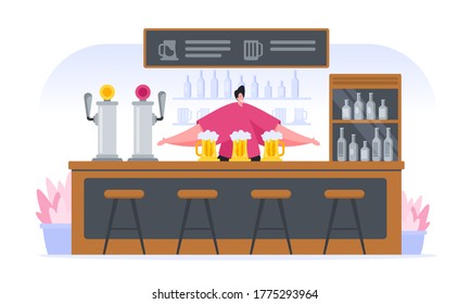 Vector image of flat male character welcoming clients in own pub and serving alcohol and beer isolated on white background