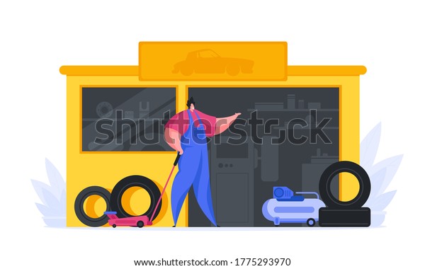 Vector image of flat male character in overall\
working in modern tire shop and greeting new clients isolated on\
white background