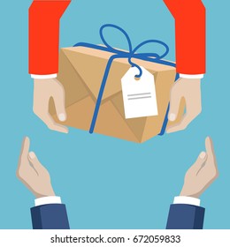 Vector image in flat style. Delivery service. Receiving package from courier to customer isolated