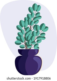 Vector image in a flat style. Home plant (green branches of eucalyptus) in a pot. A natural houseplant. A beautiful, fashionable decorative plant for home and office, isolated on a white background.