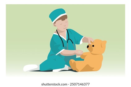 Vector image in flat style of a little boy in a doctor's suit treating a teddy bear. Concept for a children's game of doctor. Idea for illustrating family medicine, doctors, clinics for children.