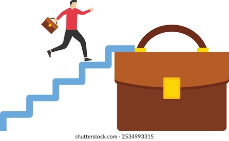 Vector image in flat style. Make a career. Promotion on the career ladder. Growth in the company. Going to the goal. Job and money

