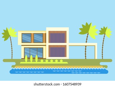 Vector image in a flat style: modern two-story cottage with a stylized tropical landscape. EPS8.
