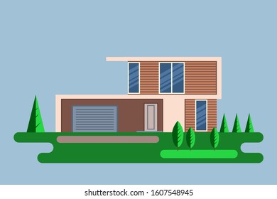 Vector image in a flat style: modern two-story family house with a stylized summer landscape. EPS8.