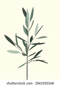 Vector image in flat style. A thin twig with green foliage. Branch on a light background. Simple image. Design for cards, posters, backgrounds, templates, textiles.